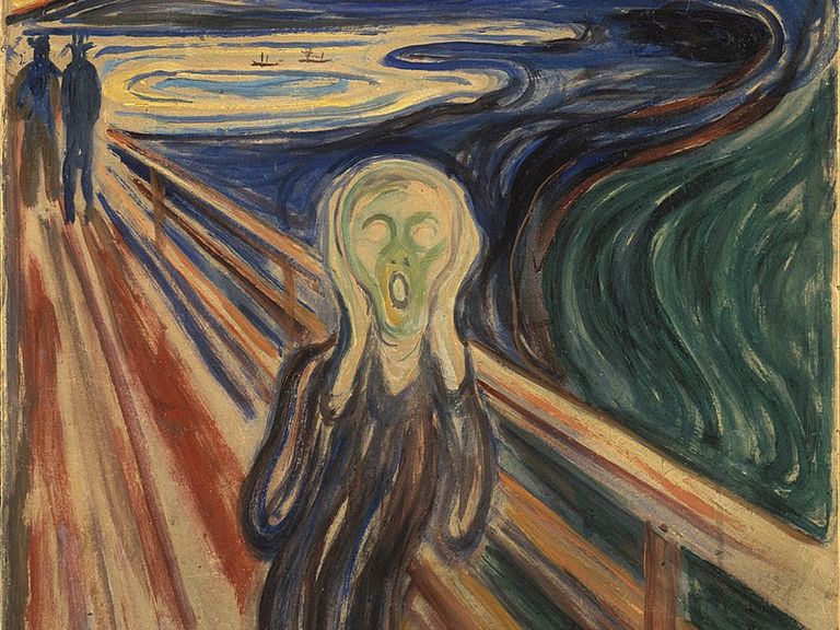 Berühmtes Gemälde einer Person, die voller Panik ihre Hände über dem Kopf zusammenschlägt und davon rennt. Es stammt von Edvard Munch.