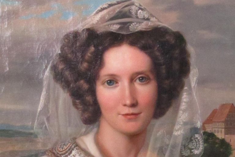 Gemälde einer Gräfin aus dem 19. Jahrhundert. Sie ist hübsch und trägt einen Schleier.