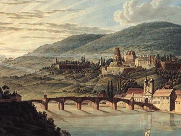 Auf dem Gemälde von Carl Rottmann sieht man die Alte Brücke in Heidelberg. Sie wird von der aufgehenden Sonne beschienen. Der Neckar reflektiert die Strahlen ebenfalls.