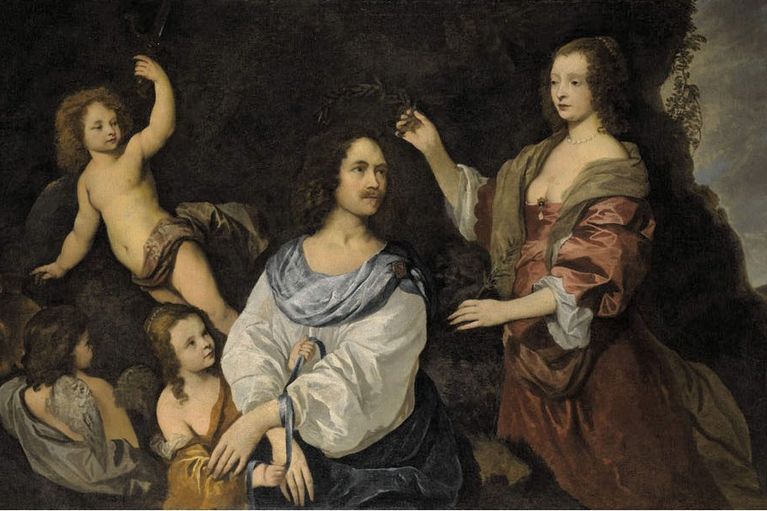 Auf dem alten Gemälde sieht man Kurfürstin Elizabeth Stuart (1556-1662). Sie reicht einem Freund einen Lorbeeerkranz. Um die beiden Personen schweben Engel.