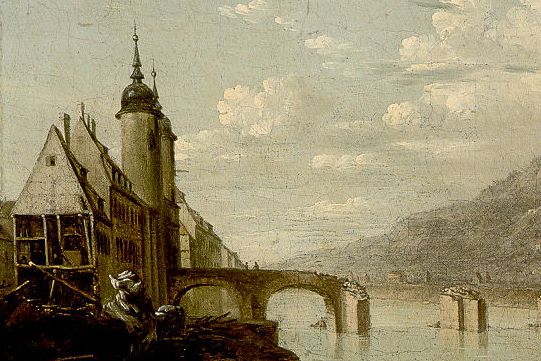 Auf dem Gemälde sieht man die Alte Brücke in Heidelberg nach einem Hochwasser. Die Fluten haben die Bögen der Brücke weggerissen; es stehen nur noch einzelne Brückenpfeiler im Neckar.
