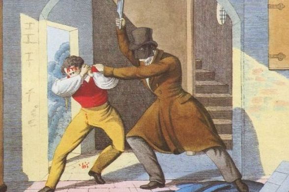 Stich eines Mannes, der gerade versucht, einen anderen Mann zu erstechen. Der Attentäter trägt eine Maske und einen Zylinder.